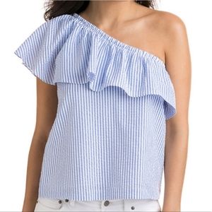 VV Seersucker One Shoulder Ruffle Shirt Top Sz 2 Vinyard Vines Cotton Blue White